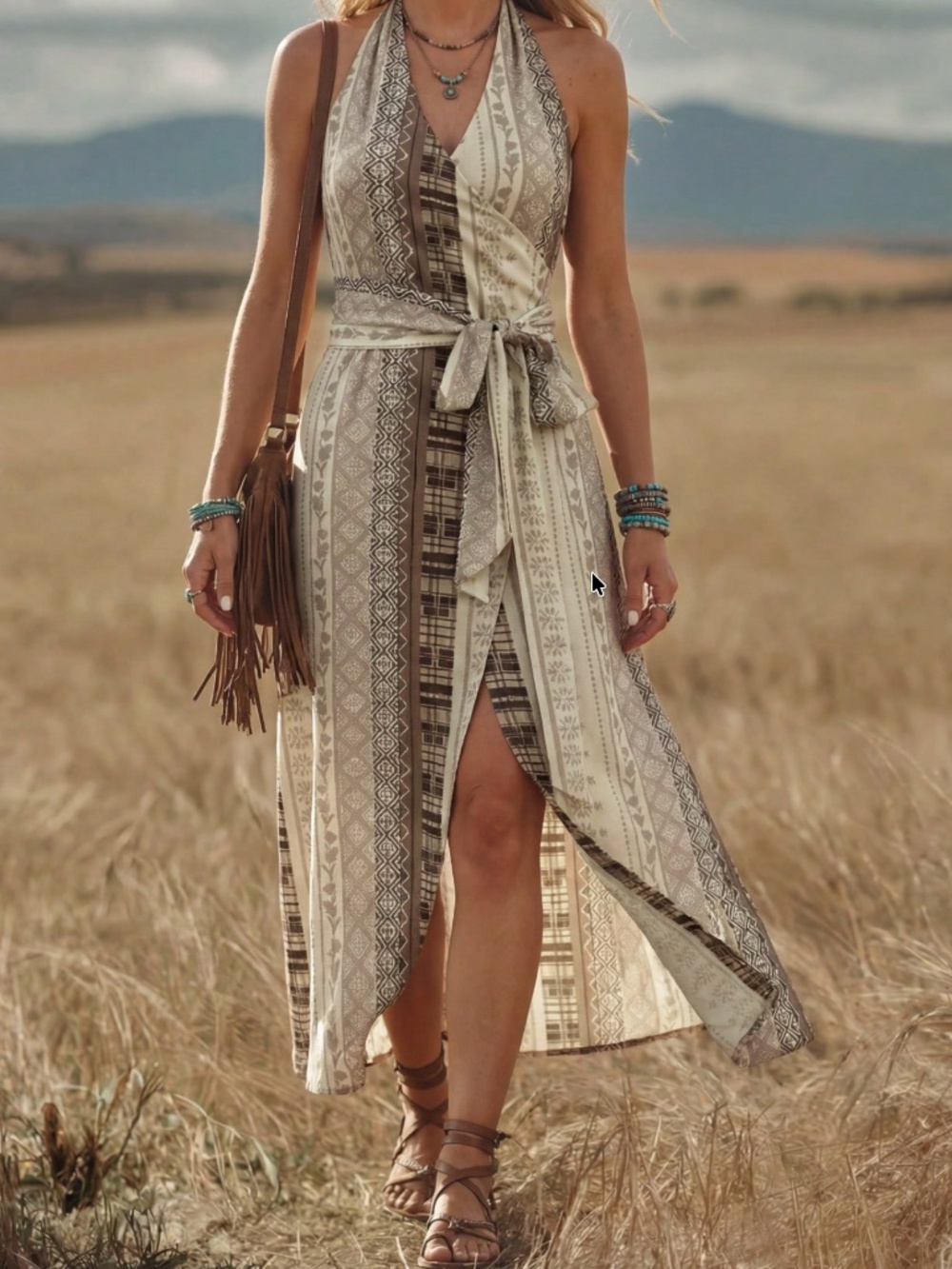 Boho All Over print Halter Belted Split Thigh Maxi Dress